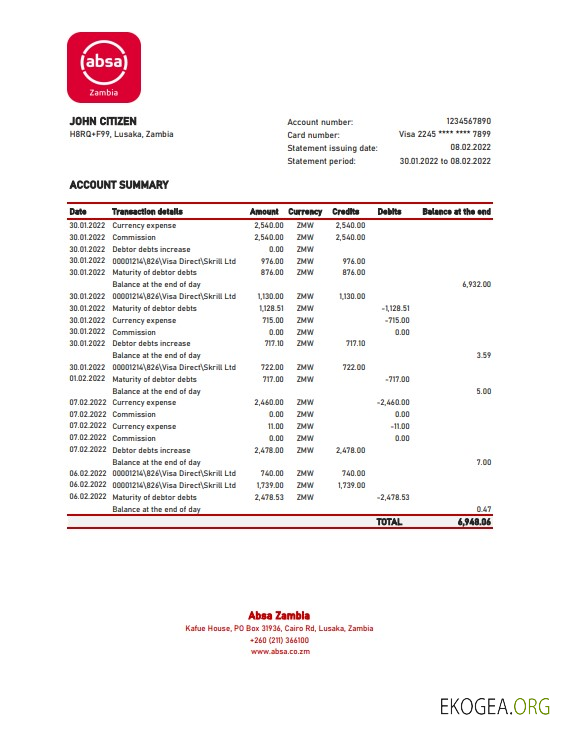 Relevé bancaire Absa de Zambie, modèle Excel et PDF